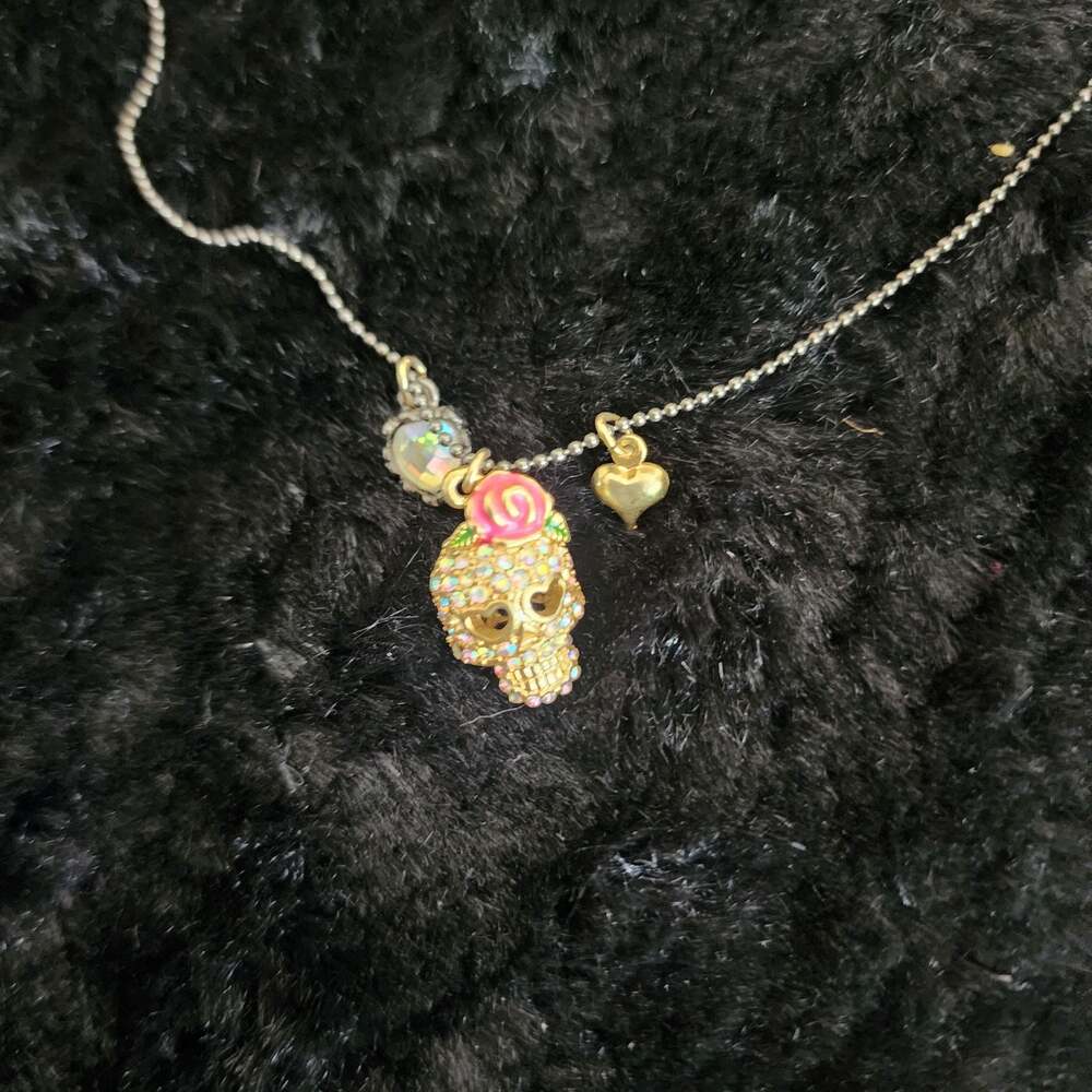 Betsey Johnson Sugar Skull and Rose Pendant Necklace with Rhinestones